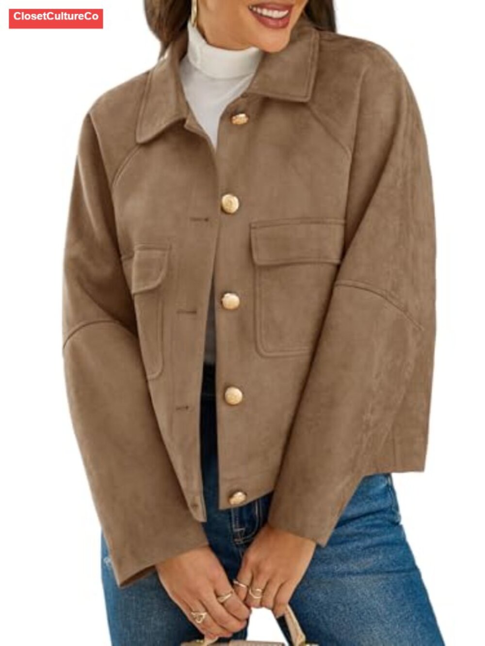 Faux Suede Cropped Button Down Shacket Faux Leather Jacket